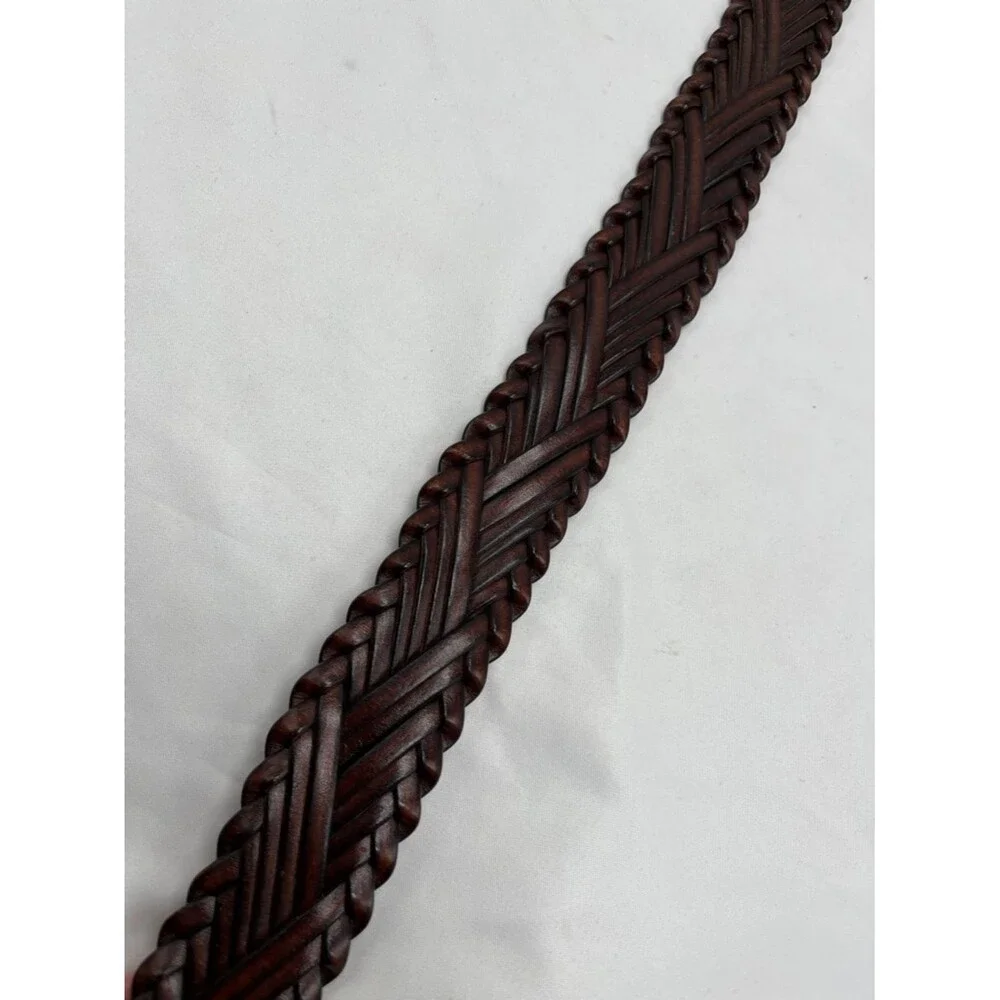 Brown Leather Woven Belt with Circular Metal Buckle